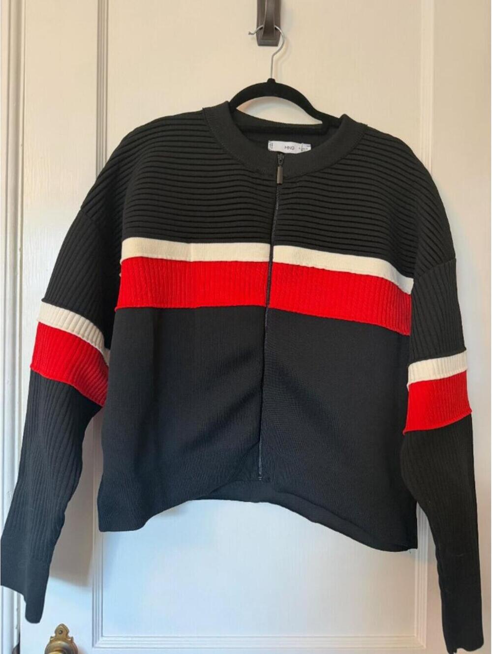 Mango Ribbed Black Red Striped Jacket NWT